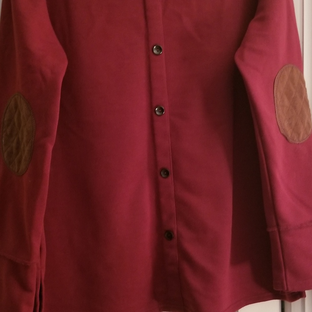 Red sweater with faux leather elbow patches